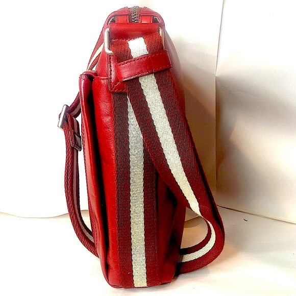 BALLY Red Leather Top Zip Messenger Shoulder Bag w/ Red White Striped Strap - Picture 5 of 17